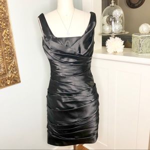 WHBM Black Satin Ruched Cocktail Mini Dress